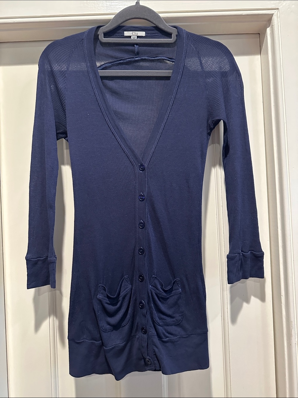 Clu Navy Lightweight Ribbed Button Cardigan